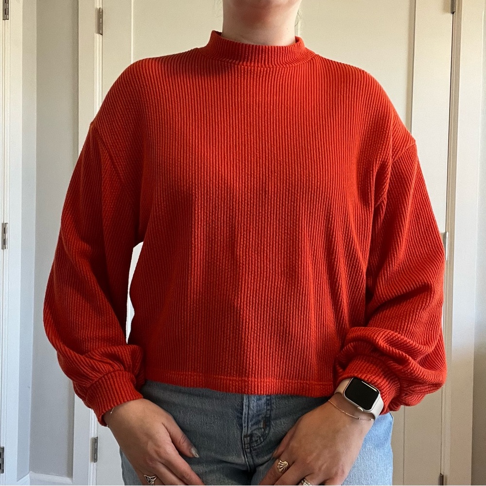 Lush Mockneck Deep Orange Sweater w/ Puffy Sleeves Size Small - Picture 4 of 8